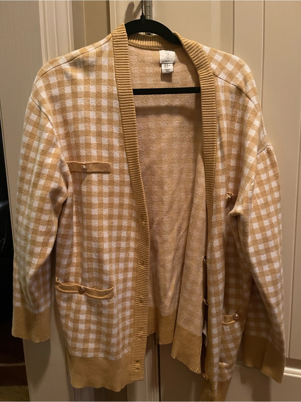 Gingham Open Cardigan in Tan and White